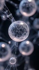 Fototapete - Abstract representation of interconnected spheres resembling molecular structures in a dark background.