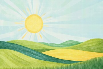 Poster - Bright sun above rolling green hills in naive art style with open space for text and design elements. Generative AI