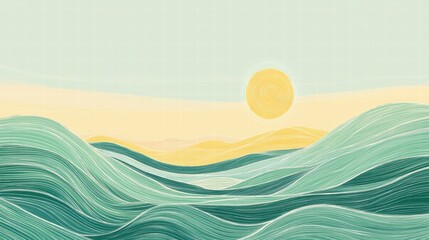 Aufkleber - Naive art style landscape with waves and a bright sun illuminating the serene horizon amid gentle hills. Generative AI