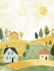 Poster - Colorful naive art style landscape featuring whimsical houses and trees with space for text. Generative AI