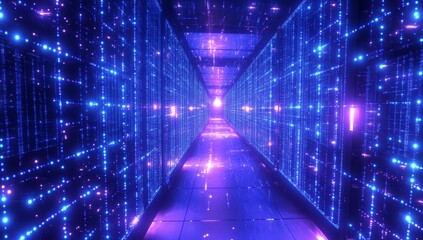 futuristic digital corridor with glowing data streams and purple neon lights.