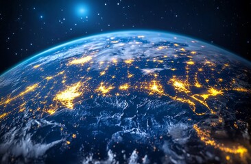 Wall Mural - night view of earth from space showing city lights and stars.