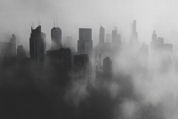 Aufkleber - Dense smog blankets city skyline, obscuring buildings and creating a mysterious atmosphere at dusk. Generative AI