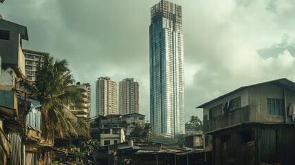 Aufkleber - Luxury skyscraper contrasts with rundown shacks in urban landscape near the city center. Generative AI