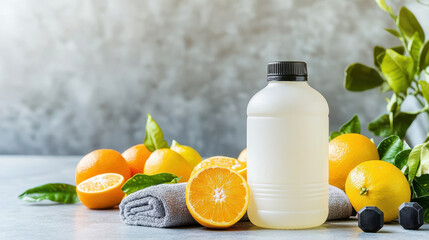 Fresh citrus drink bottle with oranges and towel on gym bench