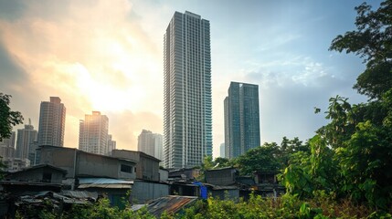 Aufkleber - Luxury skyscraper juxtaposed with rundown shacks in an urban landscape at sunset. Generative AI
