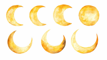 A set of yellow watercolor moon isolated on a white background, hand-drawn. an element for design and decoration. a textured planet, a satellite. watercolor spot, circle. Crescent. Illustration