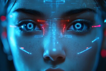 Poster - A futuristic portrait of a woman with digital enhancements in her eyes.