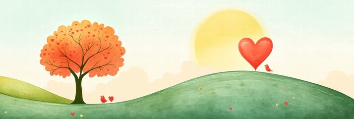 Leinwandbilder - Whimsical hand drawn Valentines Day design featuring a love heart, a tree, and a sunny sky with copy space for text. Generative AI