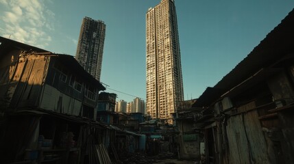 Aufkleber - Luxury skyscraper stands tall next to rundown shacks in a striking urban contrast. Generative AI