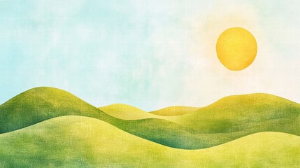 Poster - Naive art style landscape with sun shining over rolling green hills and soft blue sky, perfect for text overlay or mockup. Generative AI
