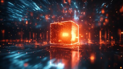 Poster - A glowing, digital cube surrounded by a dynamic, colorful background of particles.