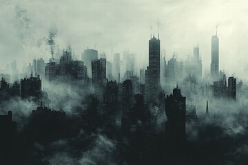 Aufkleber - Dense smog shrouds city skyline creating a mysterious urban landscape at dusk. Generative AI
