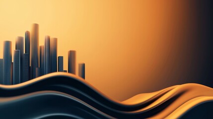 Wall Mural - A surreal landscape featuring a city skyline rising above flowing golden waves under an orange gradient sky.