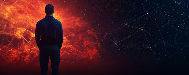 Wall Mural - A figure stands against a vibrant cosmic background, symbolizing introspection and the vastness of the universe.