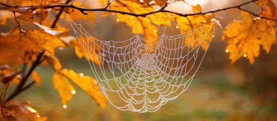 Spider web covered in dew hanging between autumn leaves . 