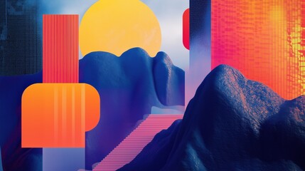 Surreal abstract landscape with bold geometric shapes vibrant colors and a glowing sun blending blue orange and yellow tones for creative designs