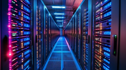Aufkleber - A corridor of servers illuminated by colorful lights in a data center.