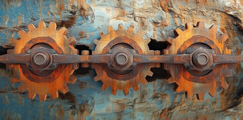 Poster - Close-up of rusted gears on a weathered surface, illustrating industrial machinery.