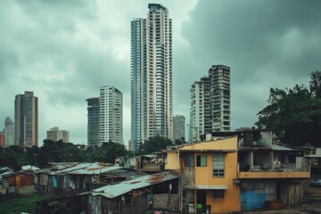 Aufkleber - Luxury skyscraper stands in contrast to rundown shacks in urban landscape of developing city. Generative AI