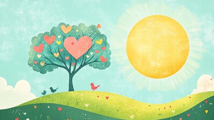 Aufkleber - Whimsical Valentine design with hearts in a sunny landscape featuring a tree and playful birds. Generative AI