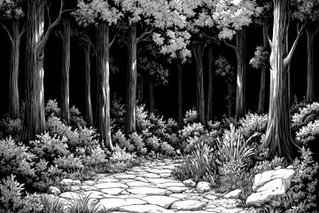 Wall Mural - a monochrome forest scene with a rocky path surrounded by tall trees and dense foliage.