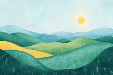 Aufkleber - Colorful rolling hills in soft greens and yellows provide a tranquil backdrop while a bright sun shines overhead, perfect for showcasing text