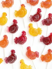 Leinwandbilder - Colorful rooster shaped lollipops on a white background with ample copy space for custom text. Generative AI