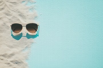 Aufkleber - Stylish sunglasses resting on soft sand by a turquoise beach under bright sunlight inviting relaxation and fun. Generative AI