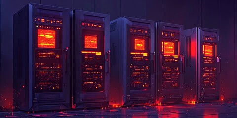 Aufkleber - A row of illuminated server racks in a dark, futuristic environment.