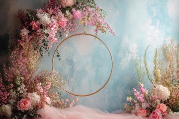 Wall Mural - Maternity backdrop- wedding backdrop- photography background with a flowerhoop with beautiful flowers on vintage wall.