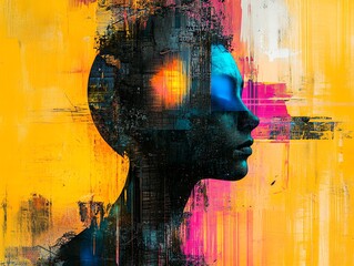 Poster - Abstract representation of a human silhouette with vibrant colors and digital textures.
