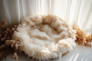 Wall Mural - Digital background for newborn photos with empty fluffy round Moses' bed.