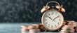 © Cherrin - Impact of Economic Growth, Inflation and Monetary Policy on market trends concept. Vintage alarm clock on a stack of coins representing time and money management.