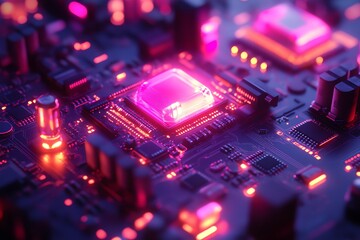 Leinwandbilder - A close-up of a futuristic circuit board with glowing components and intricate details.