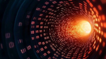 An abstract digital tunnel composed of swirling binary code, glowing orange and red, leads towards a bright light at its end.