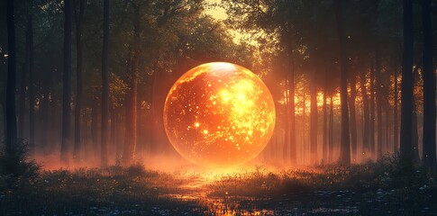 Wall Mural - a glowing orb illuminates a misty forest at sunset, creating a mystical atmosphere.