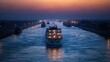 © bulegendut - A cruise ship navigates a canal at sunset, illuminated by city lights.