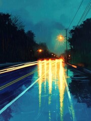 Aufkleber - Bright car light streaks illuminate wet night road in tranquil rural setting with space for text. Generative AI