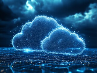 Fototapete - Digital representation of clouds with glowing particles against a dark background.
