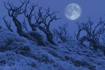 Wall Mural - A gothic frozen forest under a full moon, with dark, twisted branches and eerie blue light reflecting off the ice