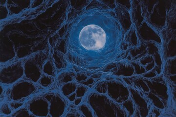 Wall Mural - A gothic frozen forest under a full moon, with dark, twisted branches and eerie blue light reflecting off the ice