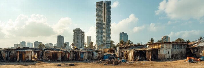 Aufkleber - Luxury skyscraper stands next to rundown shacks in a stark contrast of urban development and poverty. Generative AI