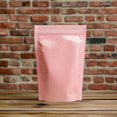 Wall Mural - pink standing pouch mockup on wooden table. Red brick wall background, Ai generated images