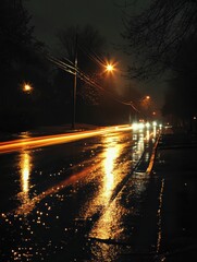 Poster - Colorful light streaks illuminate a wet night road with potential for creative text placement. Generative AI