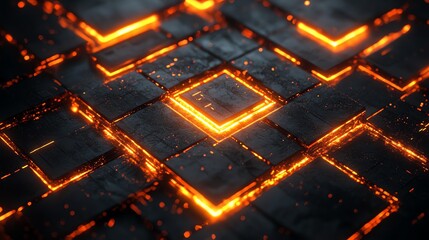 Aufkleber - A close-up view of glowing orange lines on dark textured surfaces, resembling a digital landscape.