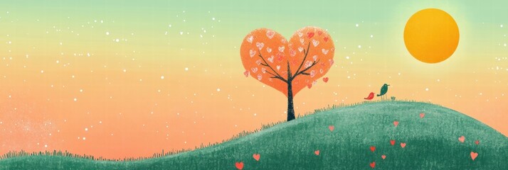 Aufkleber - Whimsical hand drawn Valentines Day design featuring a heart shaped tree under a sunny sky with space for personalized text. Generative AI