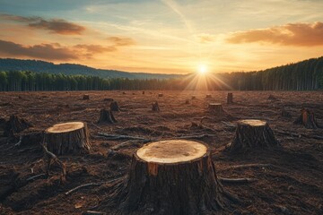 Wall Mural - deforestation resulting in a barren landscape with tree stumps at sunset in a tranquil environment. 
