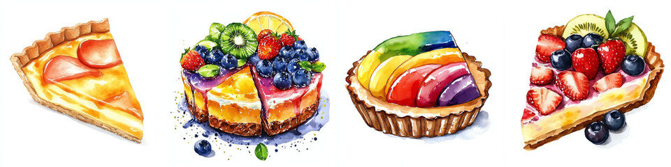 Wall Mural - Fresh fruit tarts watercolor set, desserts collection isolated on white background