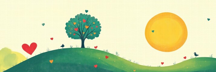 Aufkleber - Charming whimsical Valentines Day design with hand drawn elements featuring hearts, a tree, and a sun in a serene landscape. Generative AI